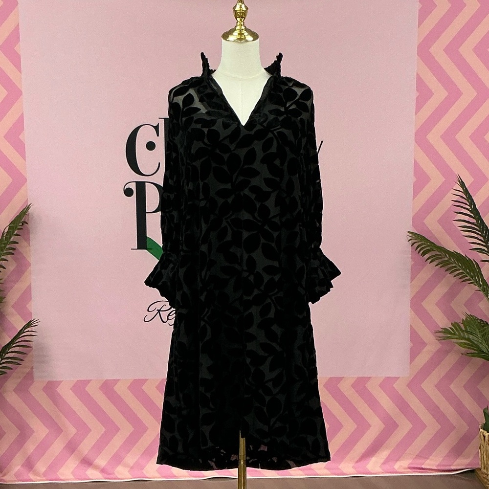 Gretchen Scott Designs Black Velvet Leaf-Print Midi Dress with Ruffle Cuffs